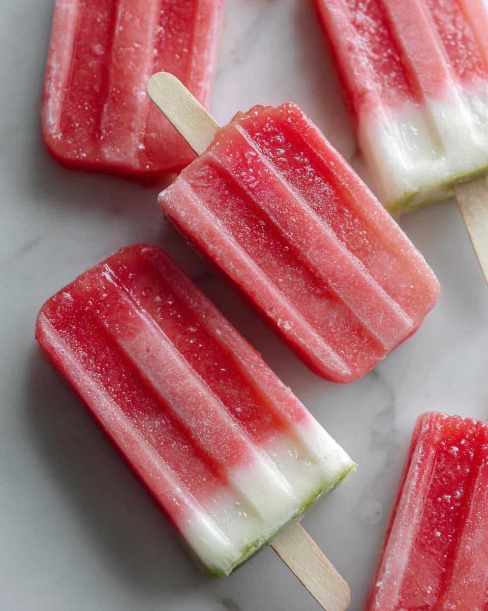 Close-up of refreshing watermelon popsicles with coconut and lime layers, perfect for kids.