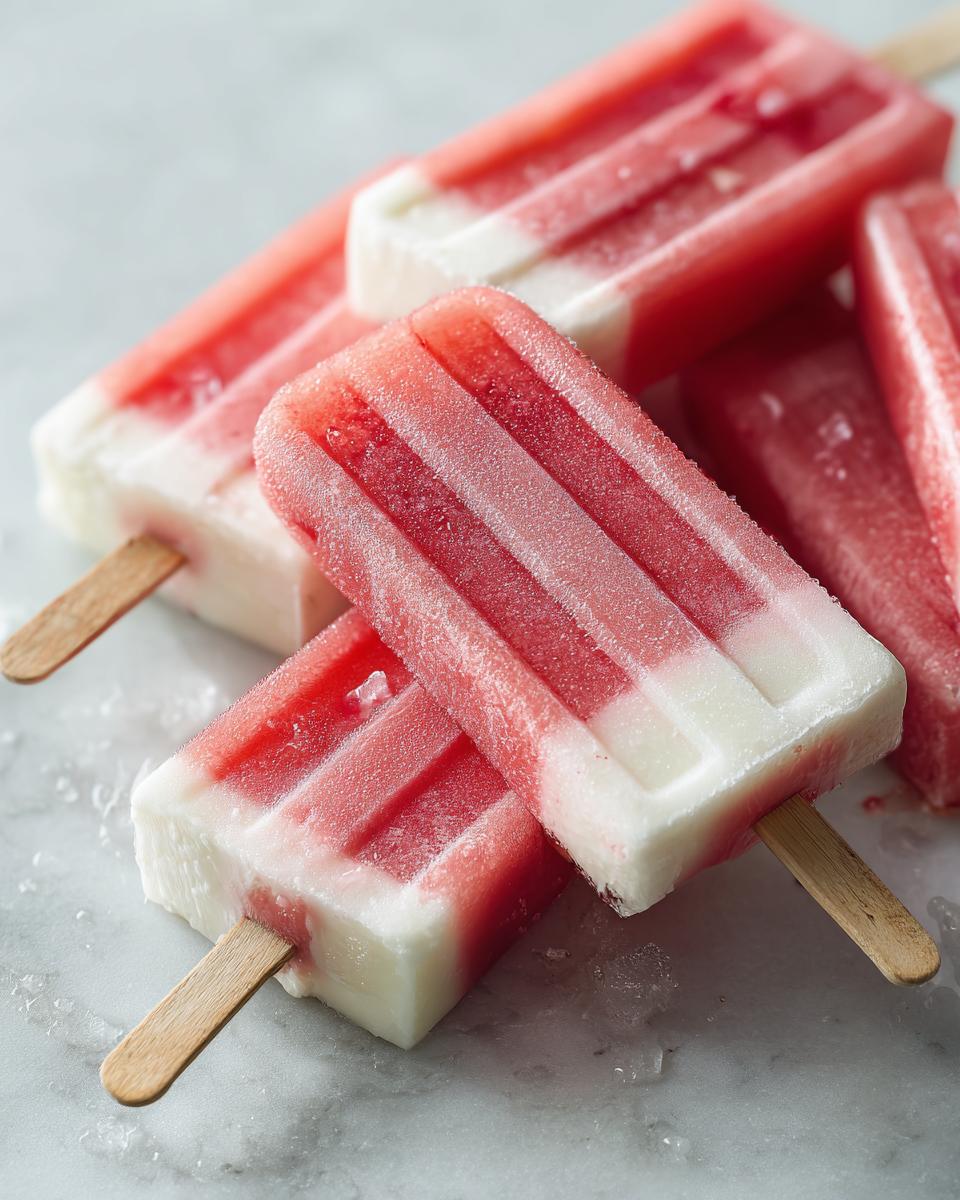Close-up of refreshing watermelon recipes with coconut lime popsicles, layered with pink watermelon and white coconut.