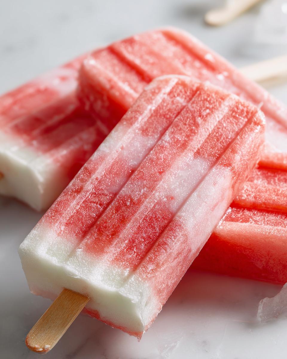 Close-up of refreshing watermelon popsicles with coconut and lime swirls, perfect for kids.
