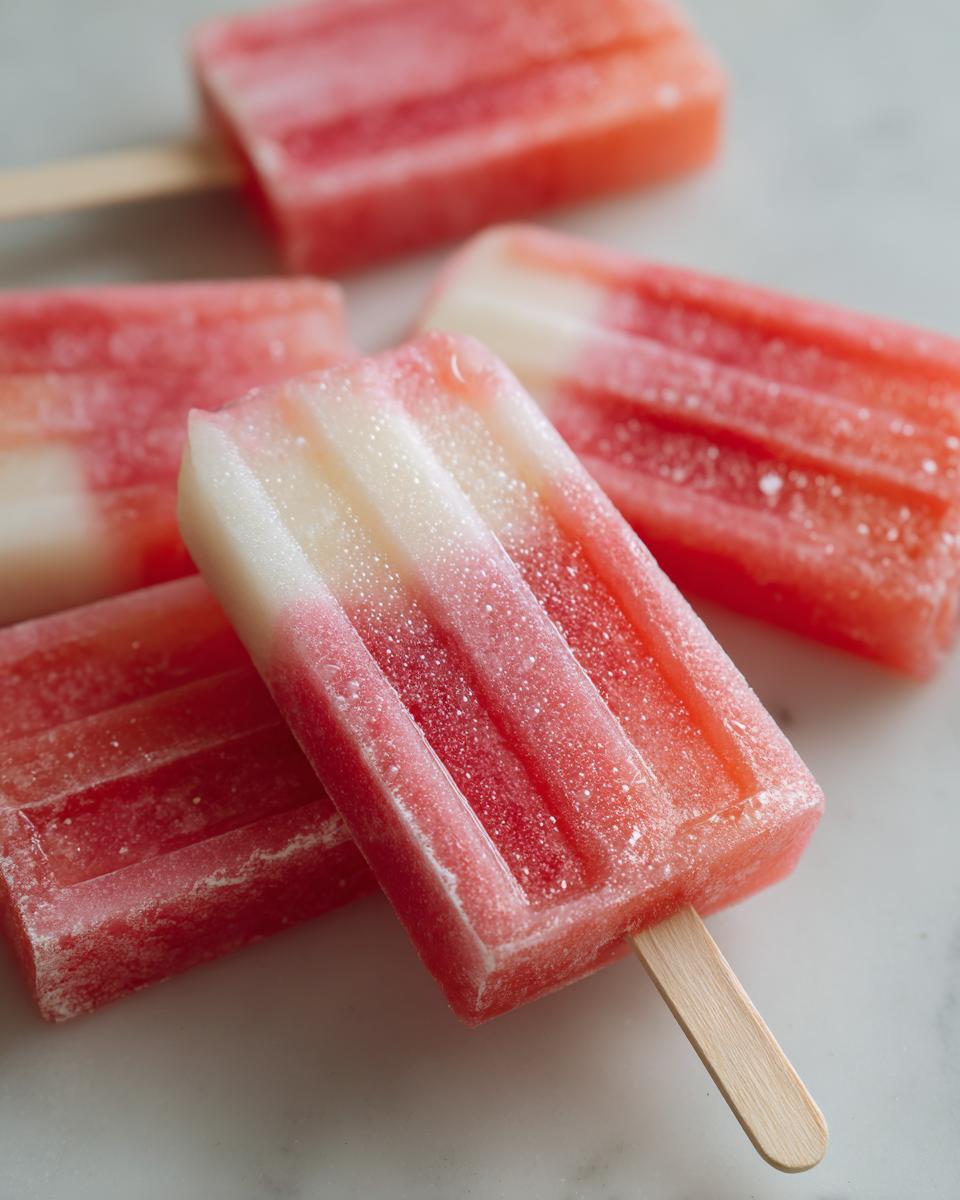 Close-up of refreshing watermelon coconut lime popsicles, perfect for kids, with a striped pink and white appearance.