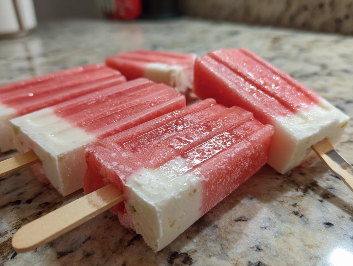 Close-up of layered watermelon and coconut lime popsicles on a speckled countertop.