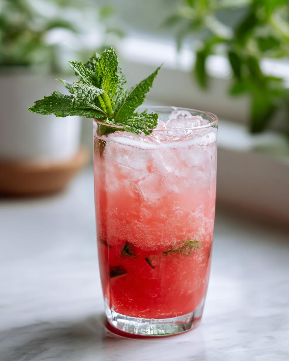 A tall glass of pink Watermelon Cucumber Agua Fresca with ice and mint, perfect for backyard parties.