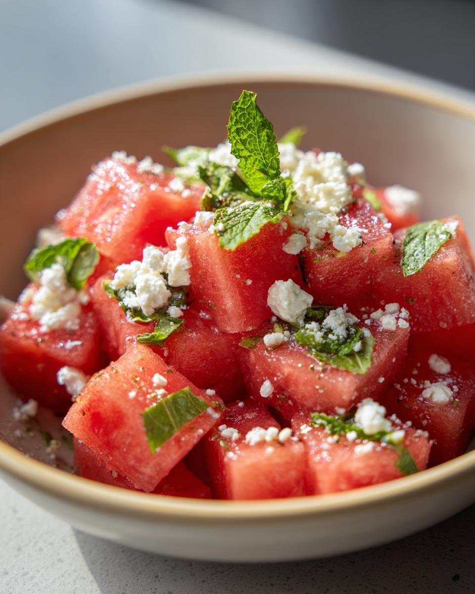 Close-up of a refreshing watermelon salad with feta cheese and mint leaves in a bowl.