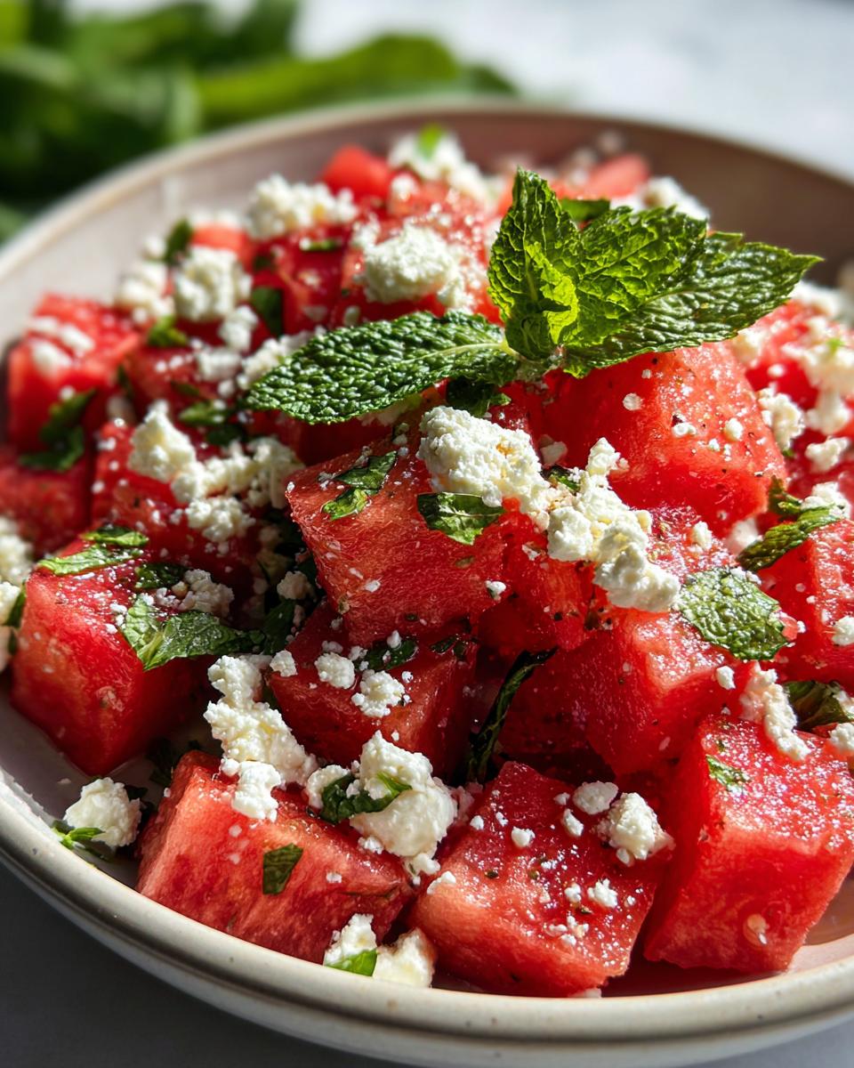 Close-up of a vibrant watermelon salad with feta cheese and fresh mint leaves, perfect for summer.
