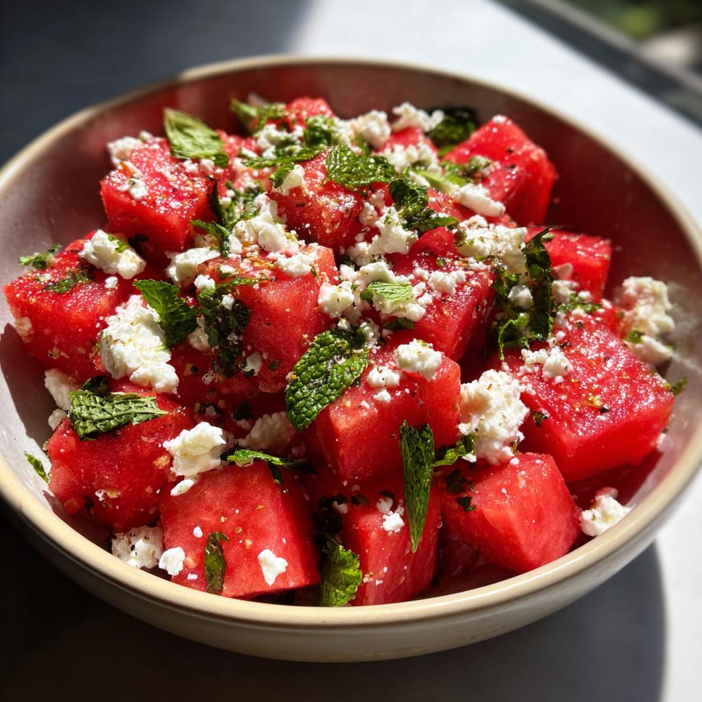 Refreshing watermelon salad with feta cheese and mint leaves in a bowl, perfect for hot summer days.