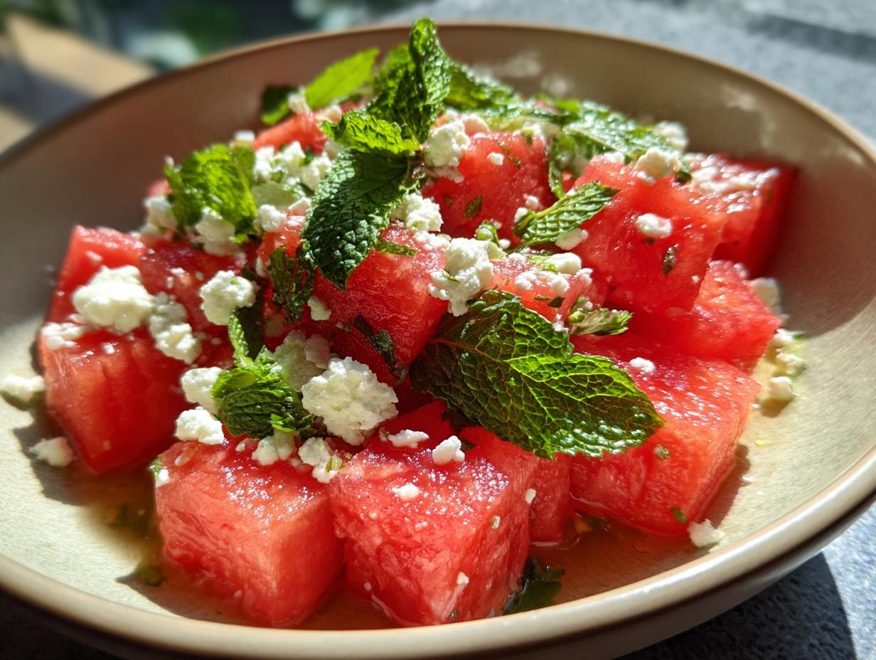 Close-up of a refreshing watermelon salad with feta cheese and fresh mint leaves, perfect for hot summer days.