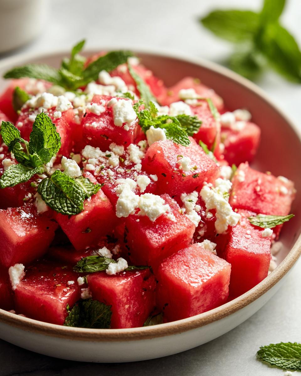 Close-up of a vibrant watermelon salad with crumbled feta cheese and fresh mint leaves.