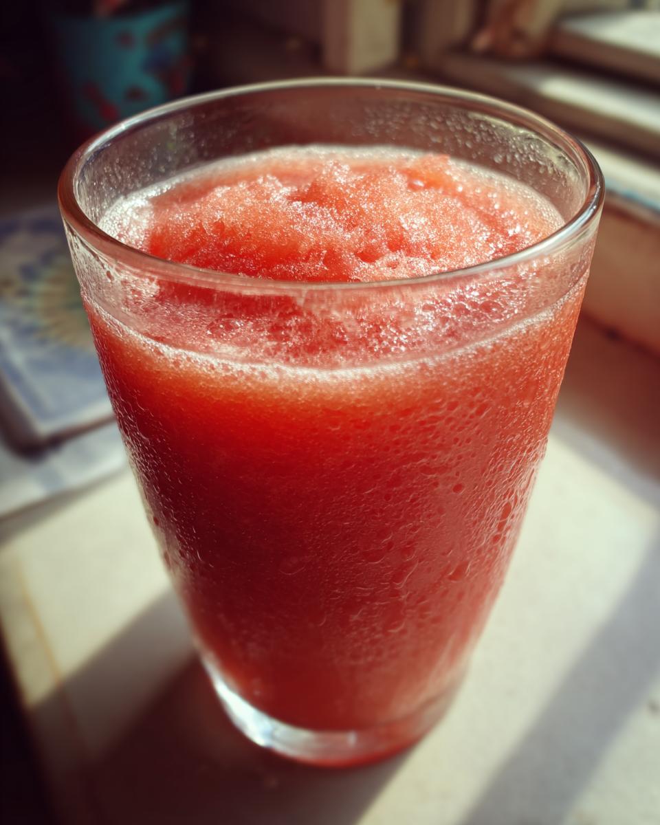 Close-up of a tall glass filled with a frosty, bright red watermelon and frozen lemonade slush.