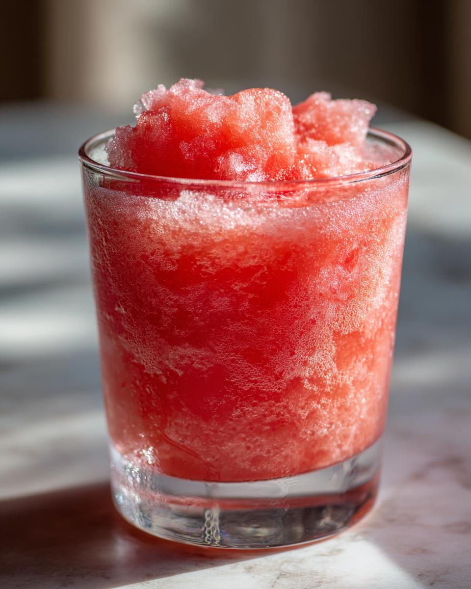 A close-up of a tall glass filled with a frosty, bright pink watermelon and frozen lemonade slush.