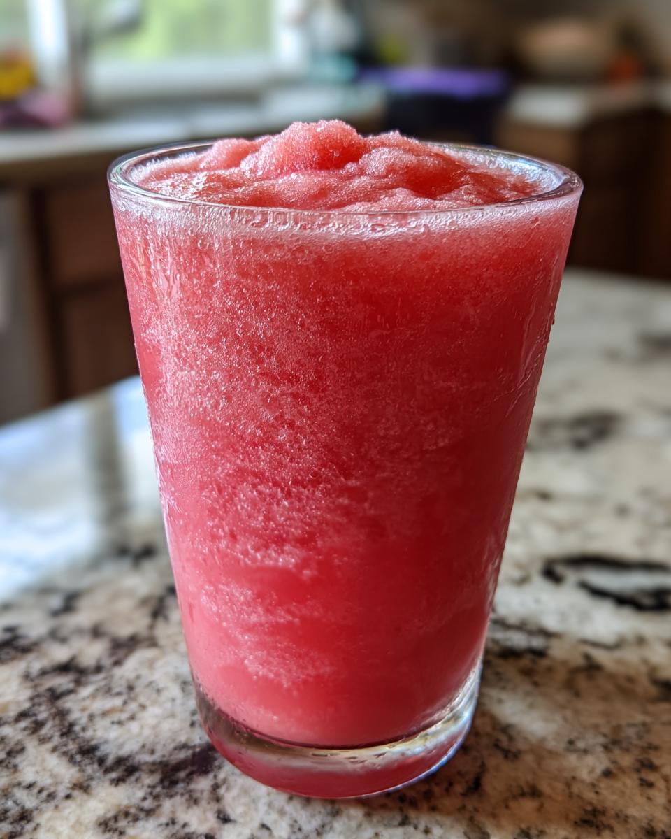 A close-up of a frosty glass filled with a vibrant pink watermelon and frozen lemonade slushy.