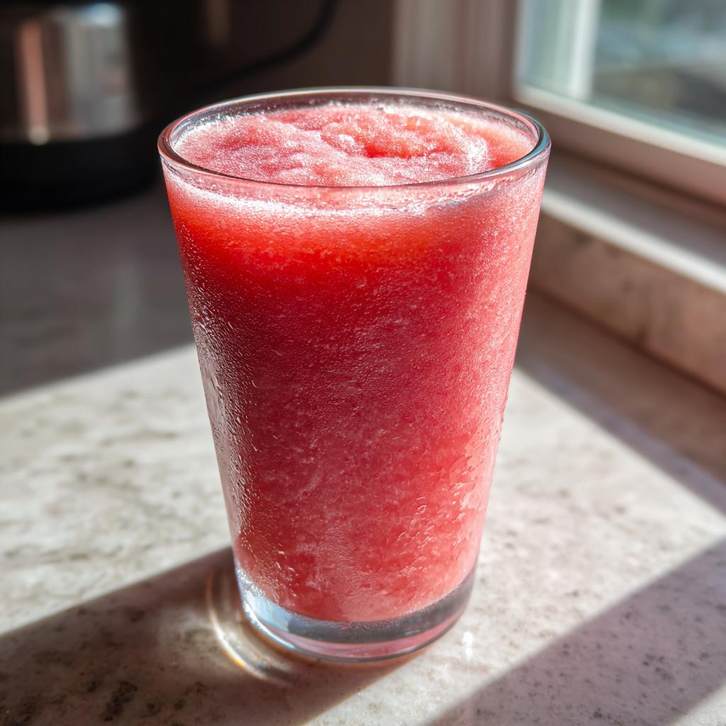 A tall glass filled with a frosty, bright pink watermelon and frozen lemonade slushy, perfect for poolside sipping.