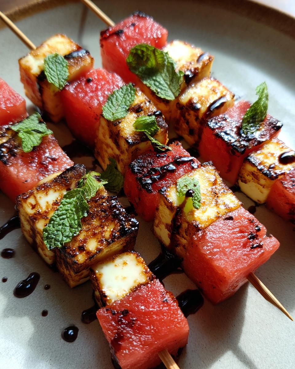 Close-up of grilled watermelon and halloumi cheese skewers drizzled with balsamic glaze and garnished with mint.
