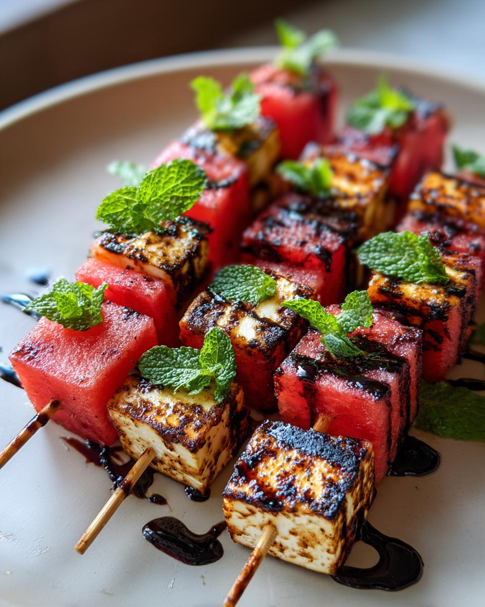 Close-up of grilled watermelon and halloumi cheese skewers drizzled with balsamic glaze and garnished with mint.