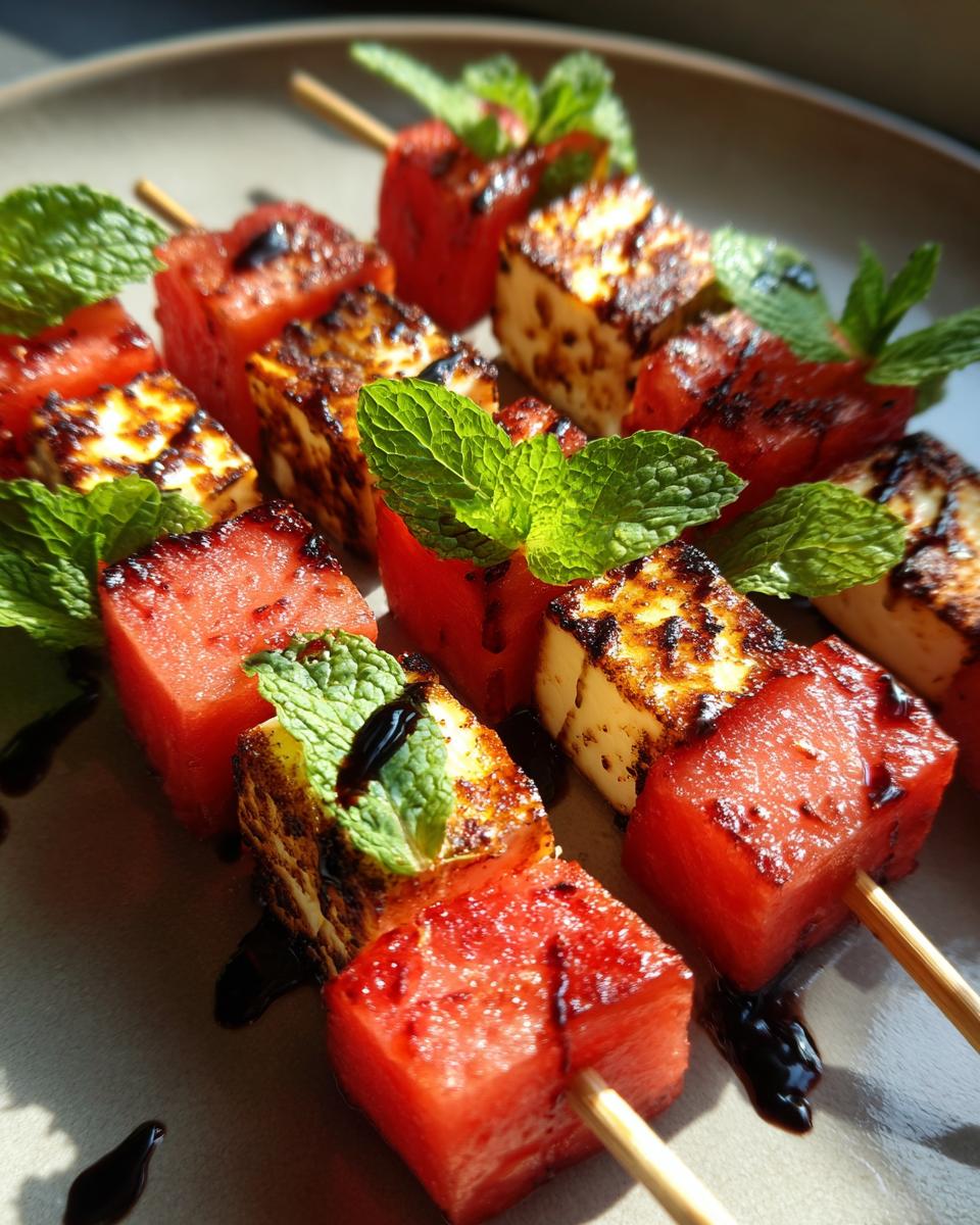 Close-up of grilled watermelon and halloumi cheese skewers with mint and balsamic glaze.