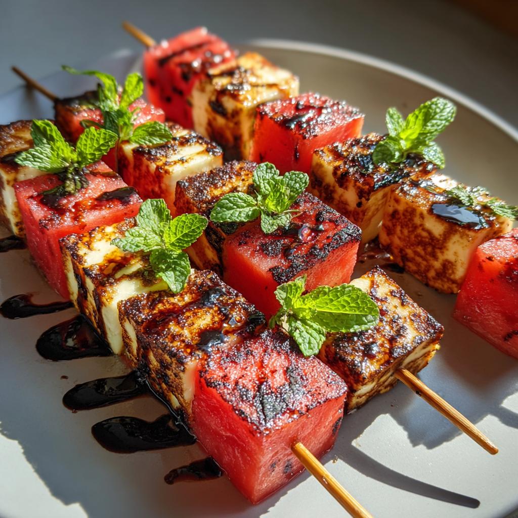 Close-up of grilled watermelon and halloumi cheese skewers drizzled with balsamic glaze and garnished with mint.
