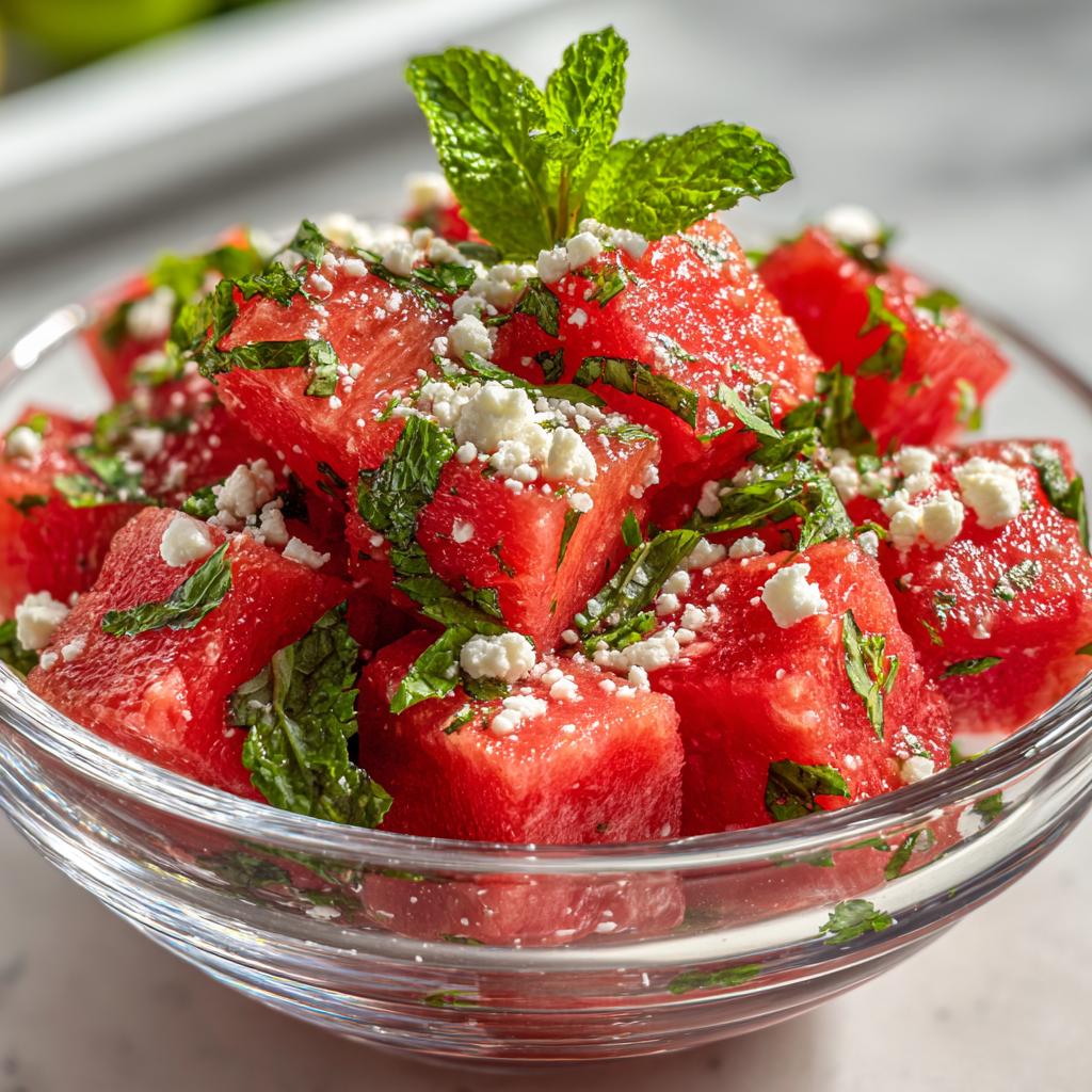 Close-up of a refreshing watermelon salad with mint and salty feta cheese in a glass bowl.