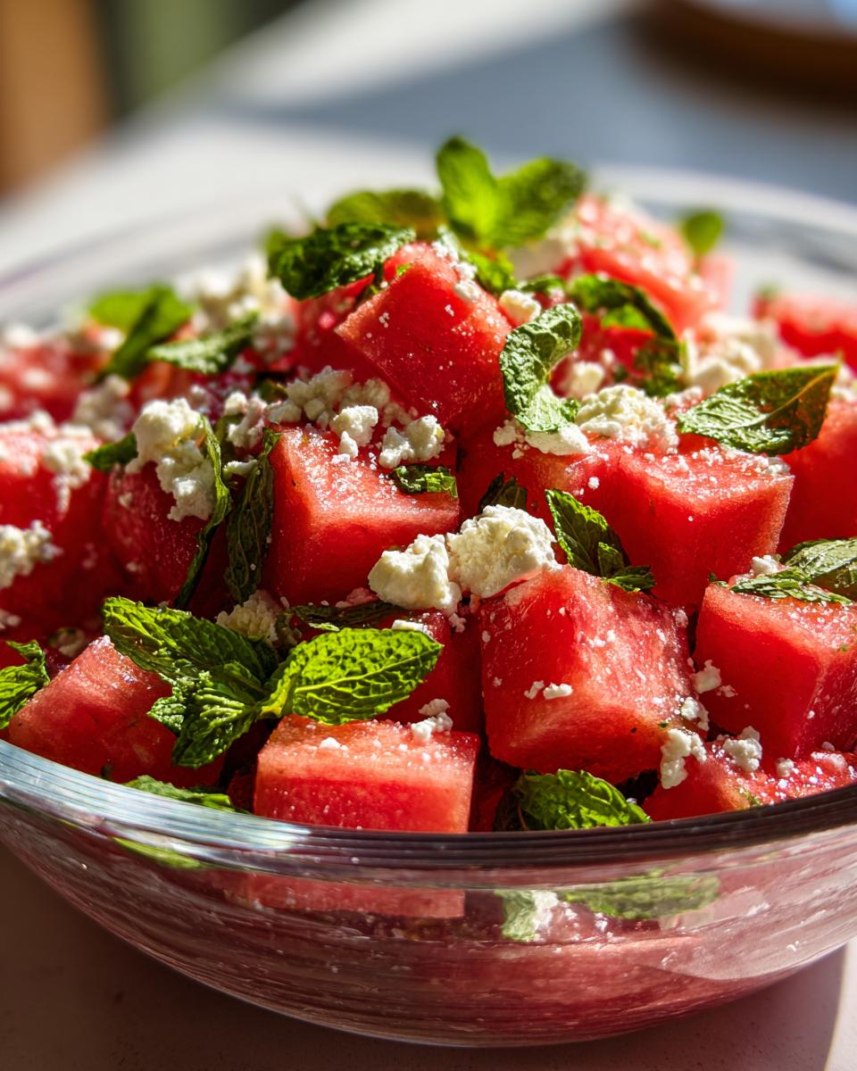Close-up of a refreshing summer salad with cubes of watermelon, crumbled feta cheese, and fresh mint leaves.