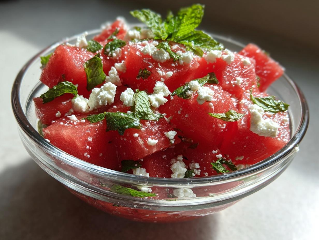 Refreshing watermelon salad with mint and salty feta cheese in a glass bowl.