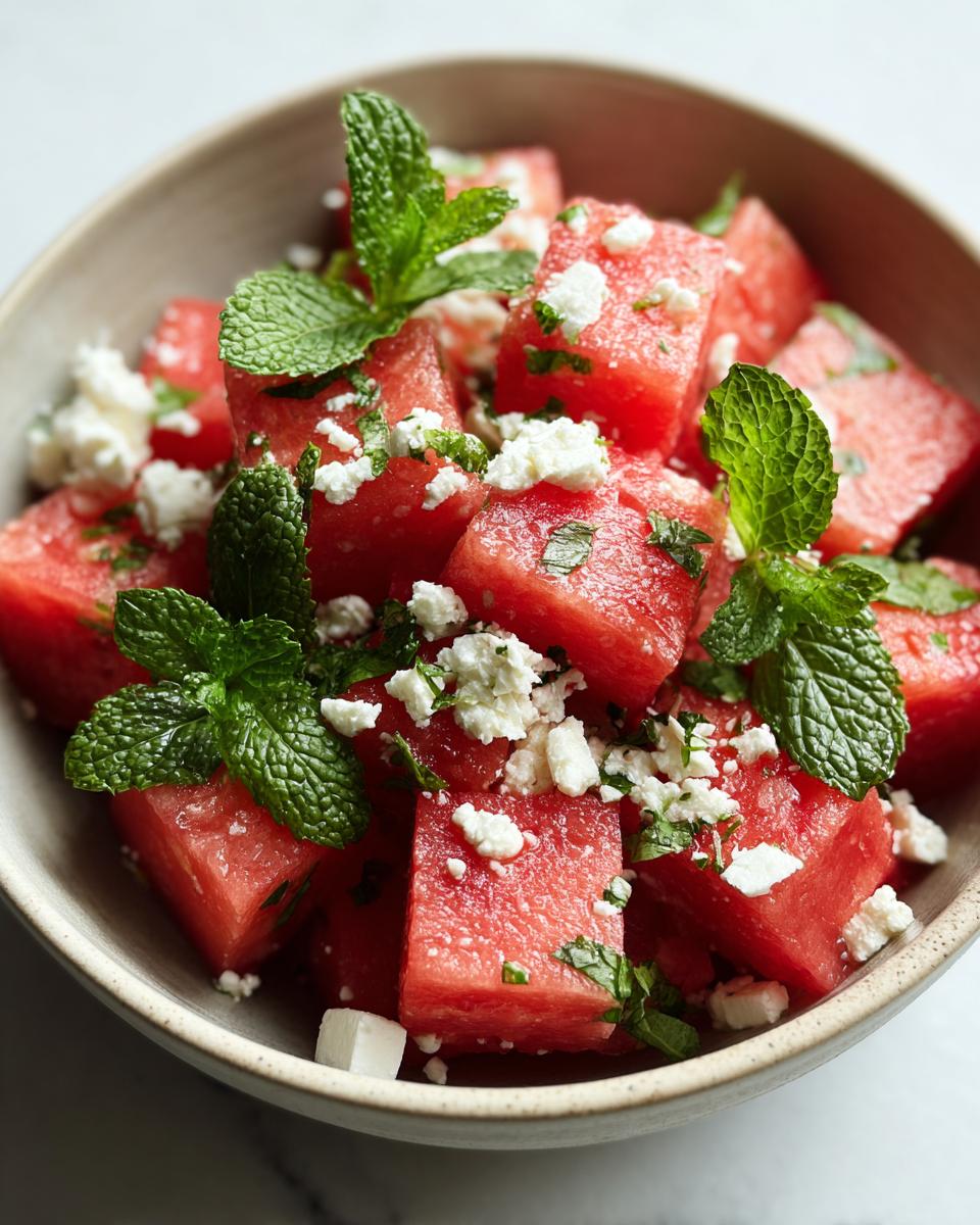 Close-up of a refreshing summer salad with cubes of watermelon, crumbled feta cheese, and fresh mint leaves.