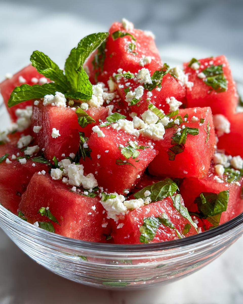 Close-up of a refreshing summer salad with cubed watermelon, crumbled feta cheese, and fresh mint leaves.