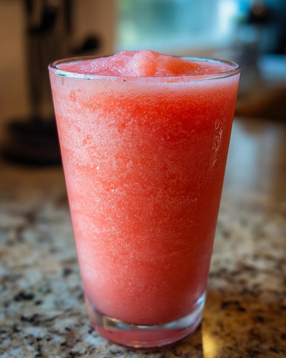 A tall glass filled with a frosty, pink watermelon drink, perfect for sipping poolside.