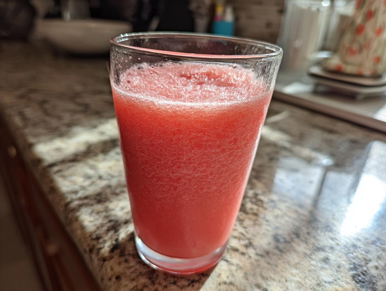 A tall glass filled with a frothy, pink watermelon drink, perfect for poolside sipping.