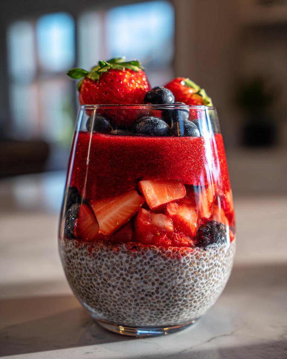 Close-up of a layered chia parfait with watermelon puree, fresh strawberries, blueberries, and chia seed pudding.