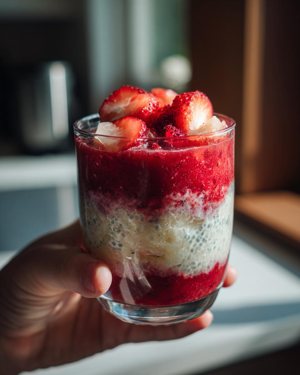A hand holding a glass of watermelon recipes for chia parfaits layered with fruit and chia seeds, topped with fresh strawberries.