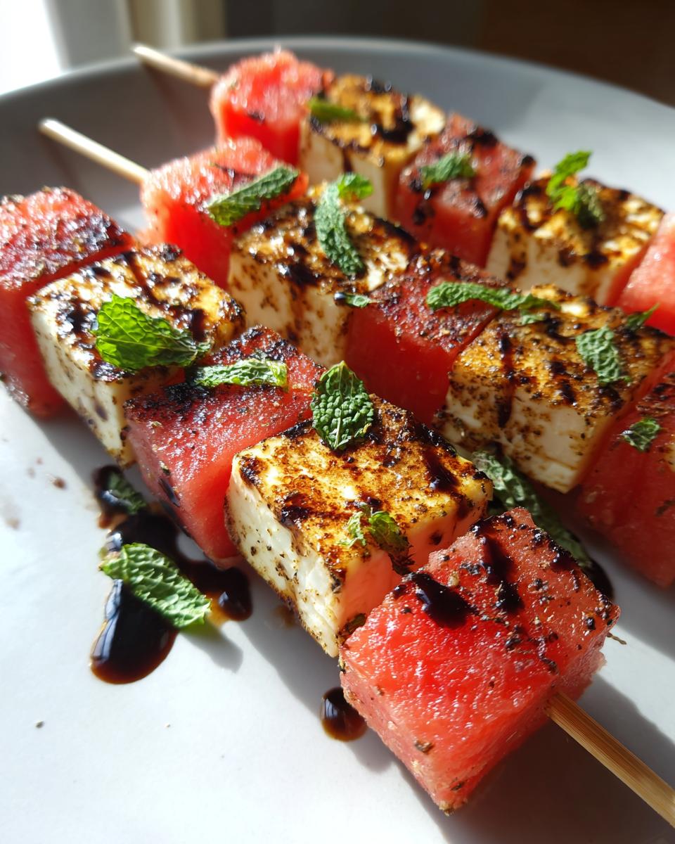Close-up of grilled halloumi cheese and watermelon skewers drizzled with balsamic glaze and mint.