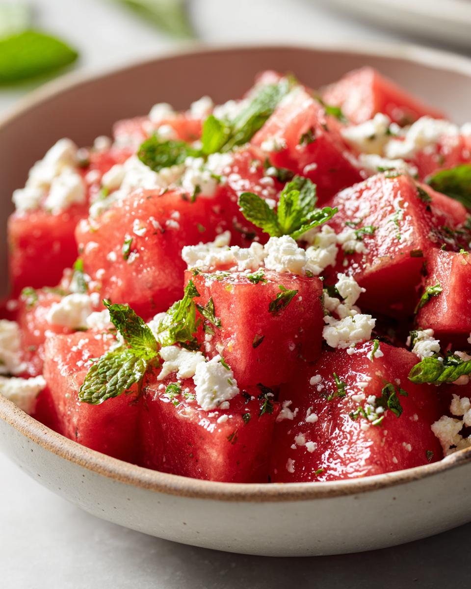 Close-up of a bowl filled with cubed watermelon, crumbled feta cheese, and fresh mint leaves, a perfect watermelon recipe for summer.
