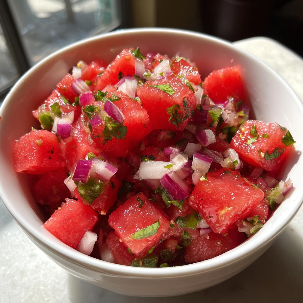 A bowl of fresh watermelon salsa with diced watermelon, red onion, and cilantro, perfect for taco night.