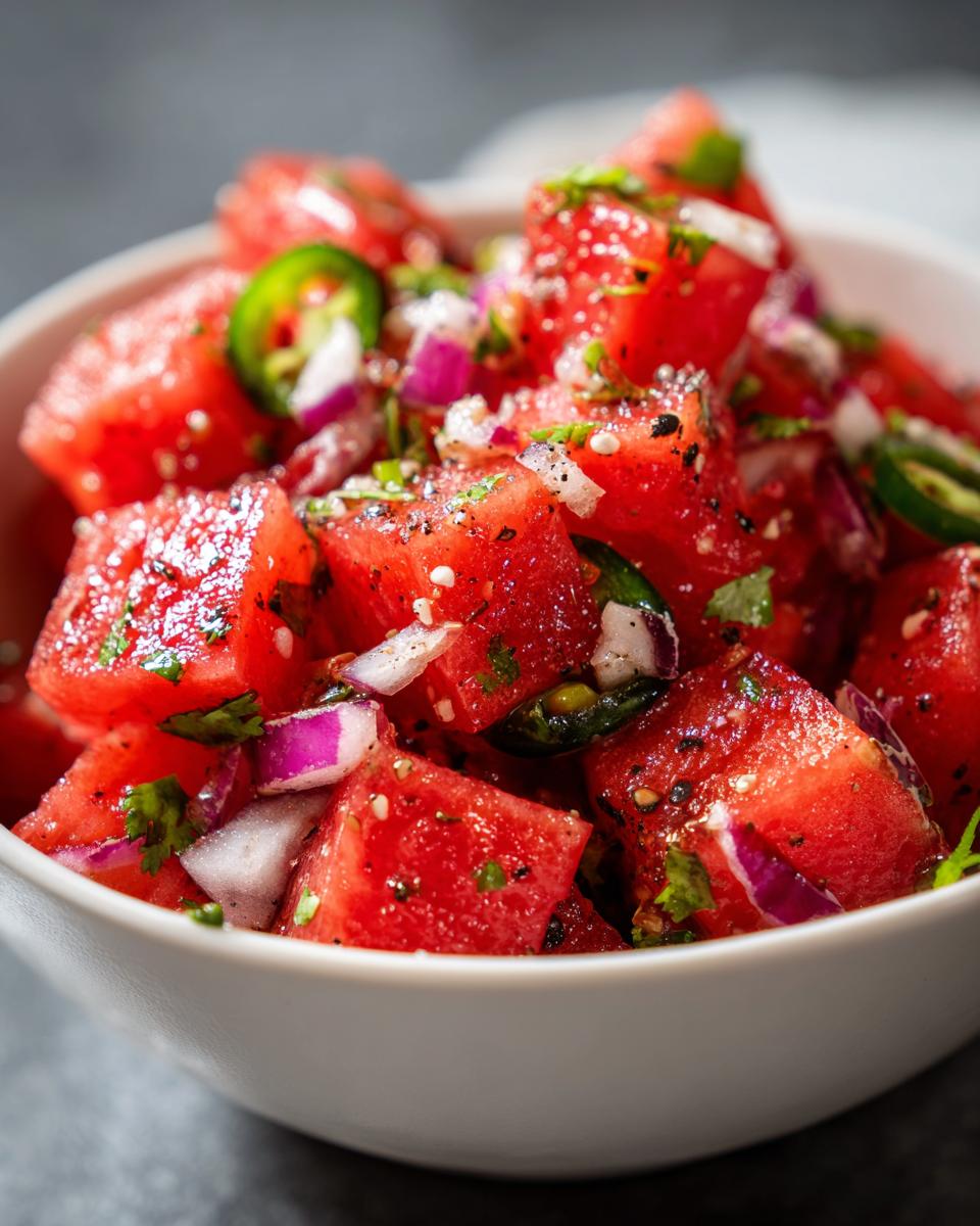 Close-up of a white bowl filled with fresh watermelon salsa, featuring diced watermelon, red onion, jalapeño slices, and cilantro.