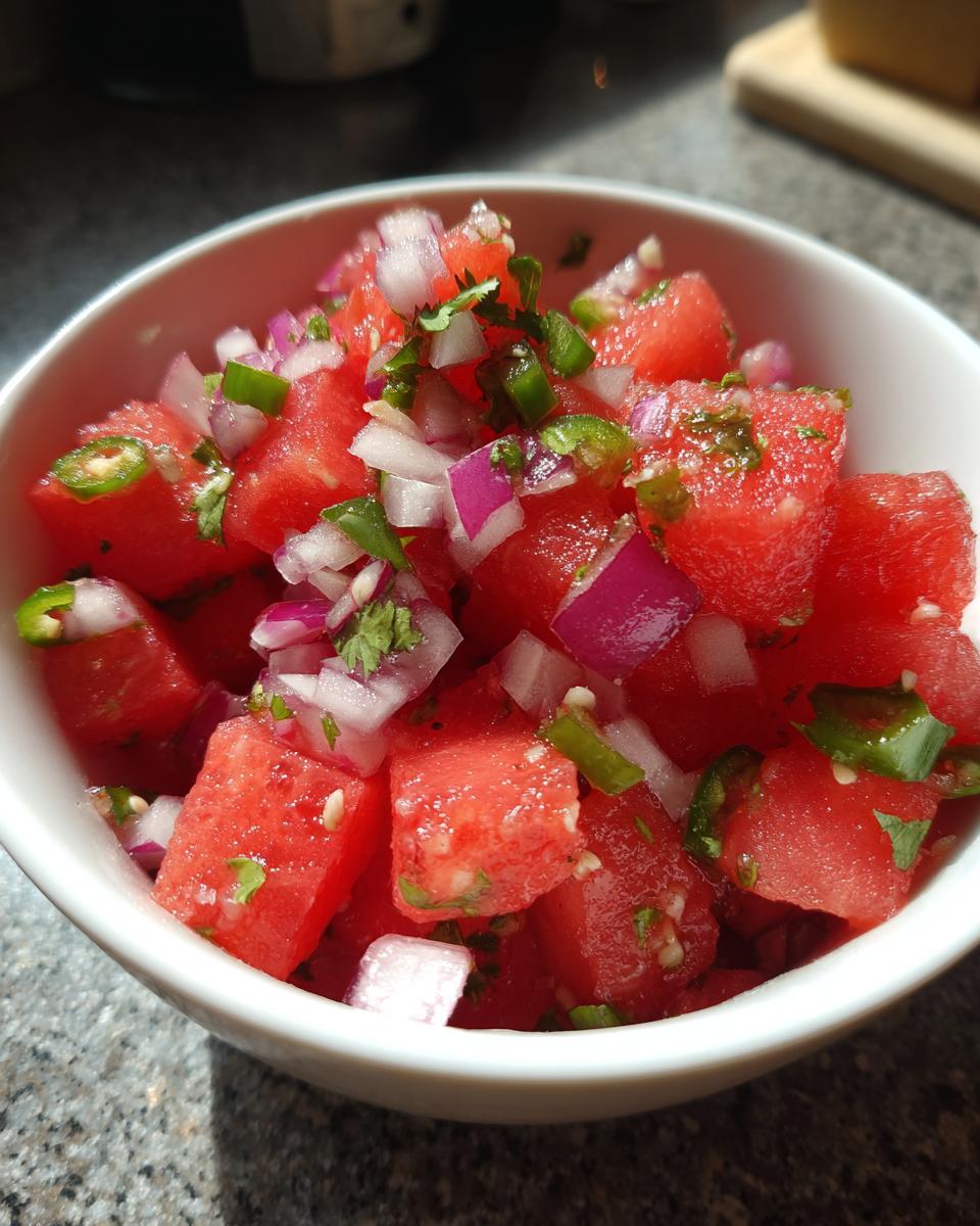 A close-up of fresh watermelon salsa with diced watermelon, red onion, jalapeño, and cilantro in a white bowl.