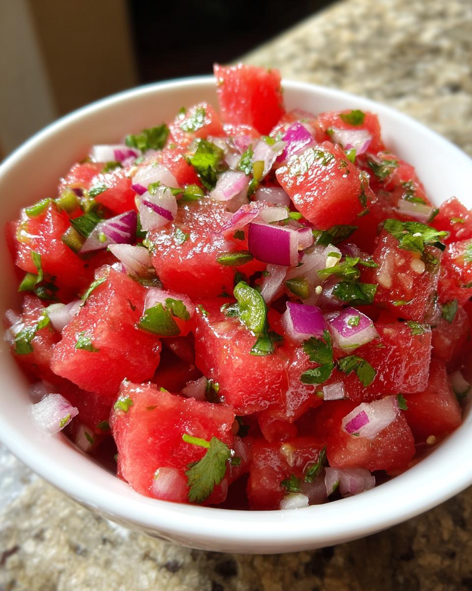 Close-up of a white bowl filled with fresh watermelon salsa, featuring diced watermelon, red onion, cilantro, and jalapeño.