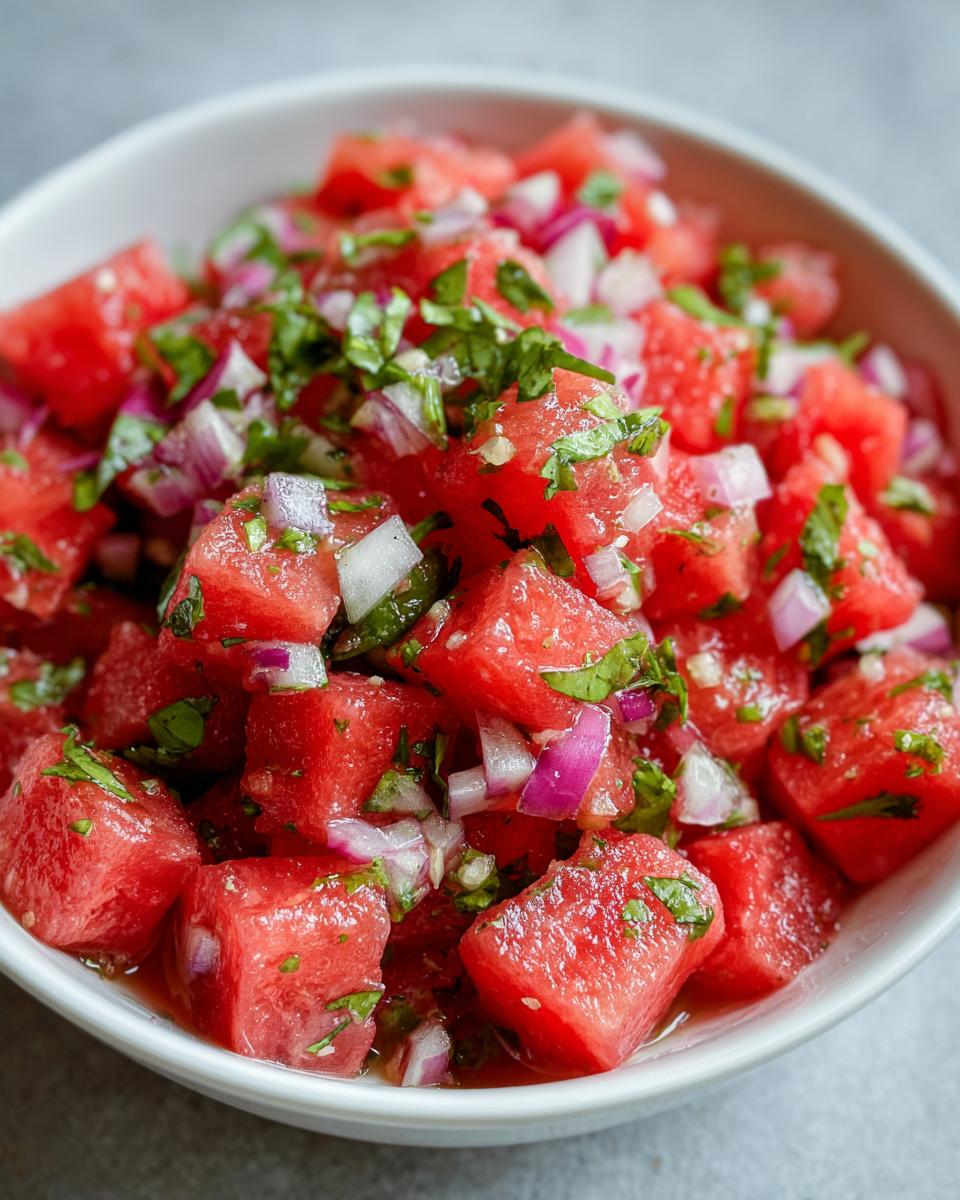 Close-up of a white bowl filled with diced watermelon, red onion, and cilantro, perfect for watermelon recipes.