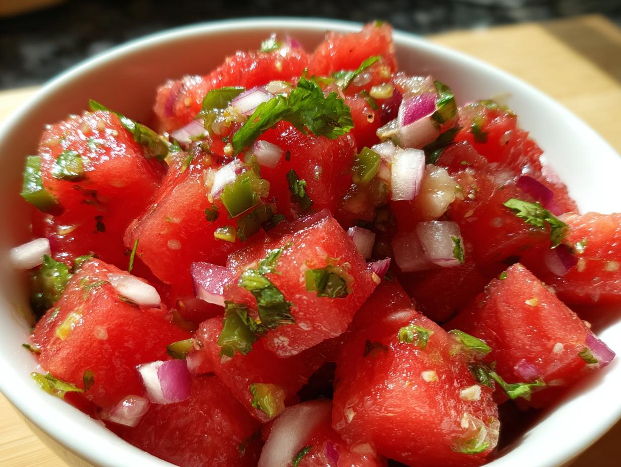 Close-up of a bowl filled with fresh watermelon salsa, featuring diced watermelon, red onion, cilantro, and jalapeño.