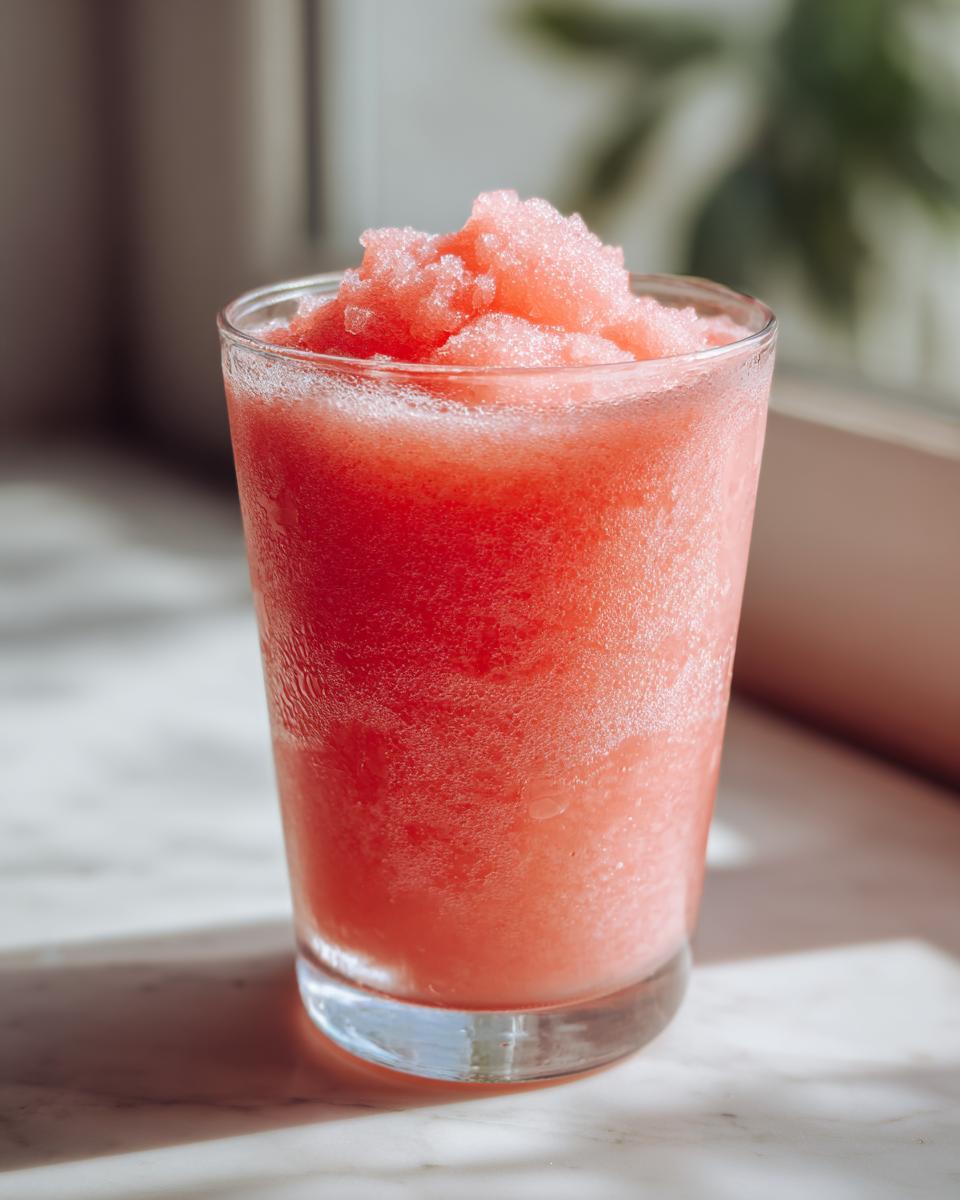 A tall glass filled with a vibrant pink, icy watermelon slushy drink, perfect for hot days.