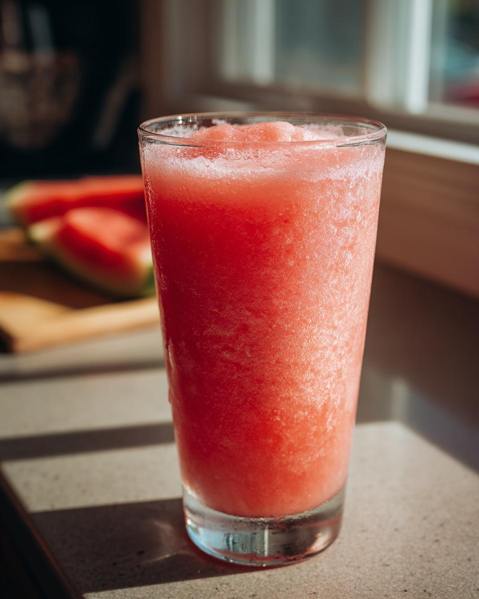 A tall glass filled with a vibrant pink, icy watermelon slushy drink, with watermelon slices blurred in the background.