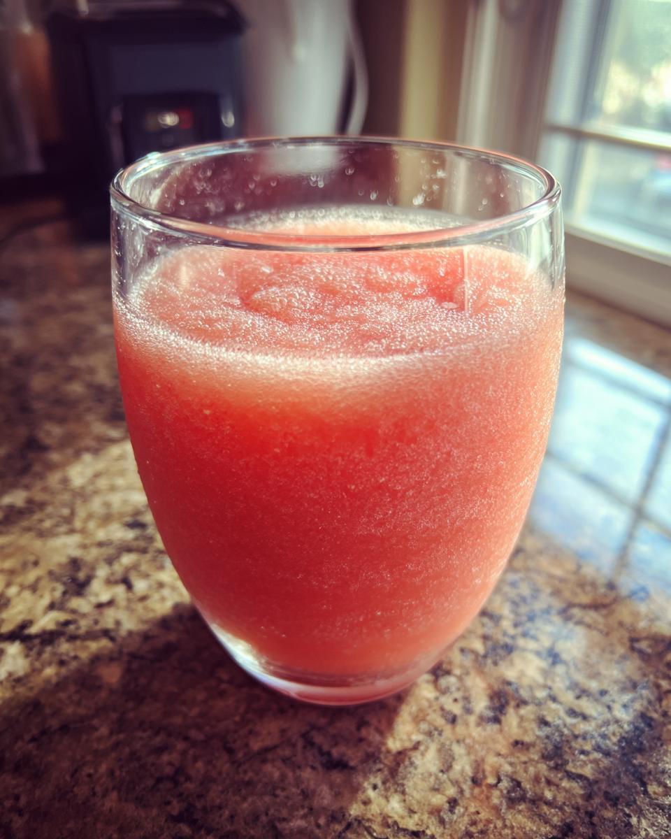 A close-up of a glass filled with a vibrant pink watermelon slushy drink, perfect for a hot day.