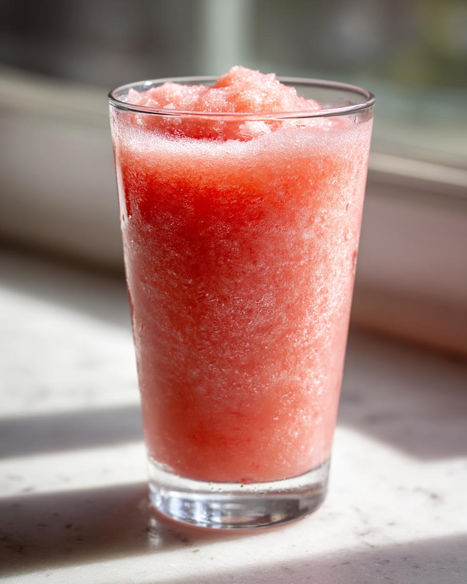 A tall glass filled with a vibrant pink watermelon slushy drink, perfect for a hot day.