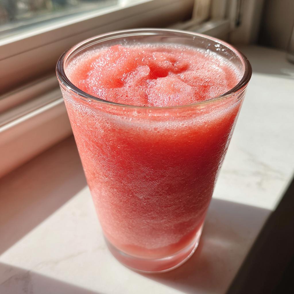 A tall glass filled with a vibrant pink, icy watermelon slushy drink, catching the sunlight.