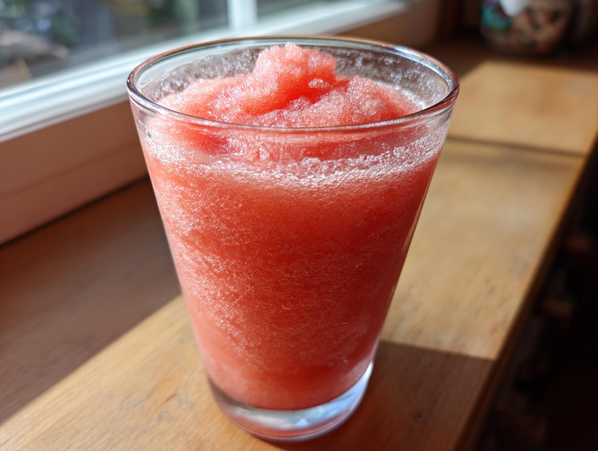 A tall glass filled with a vibrant pink, icy watermelon slushy drink, perfect for a hot day.