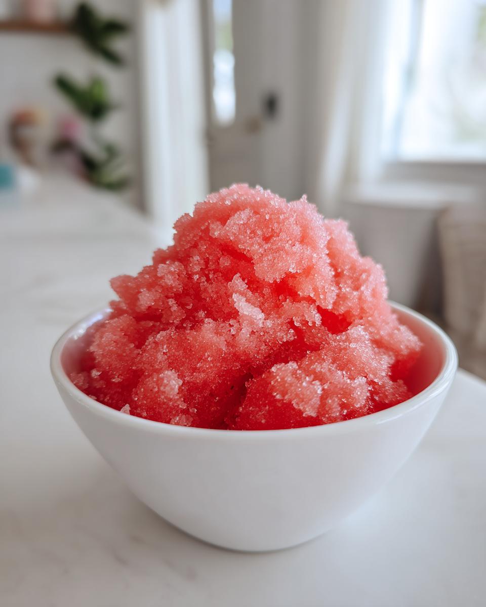 A white bowl filled with vibrant pink watermelon sorbet, showcasing its icy texture.