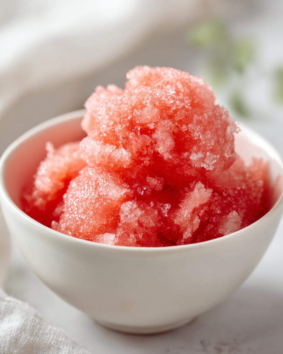 Close-up of a white bowl filled with vibrant pink watermelon sorbet, showcasing its icy texture.