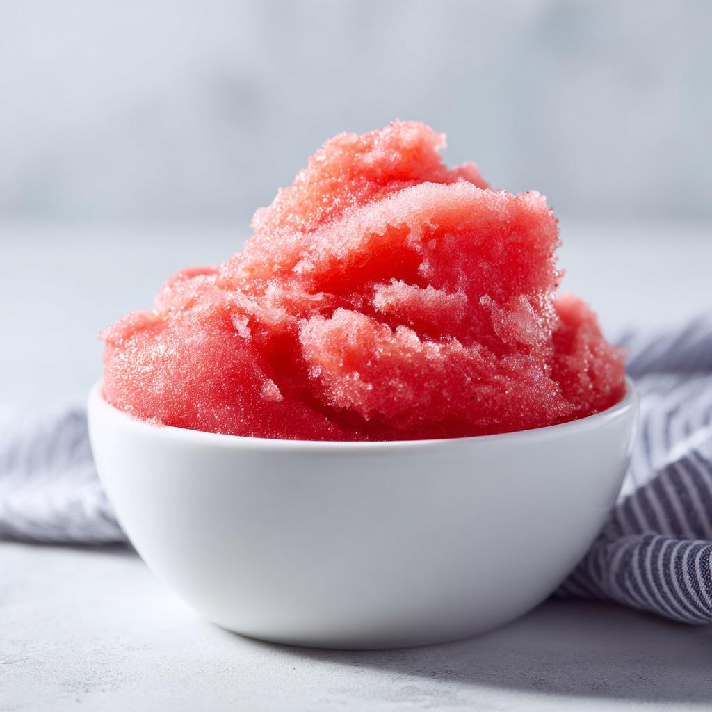 A white bowl filled with vibrant pink watermelon sorbet, a refreshing summer treat.