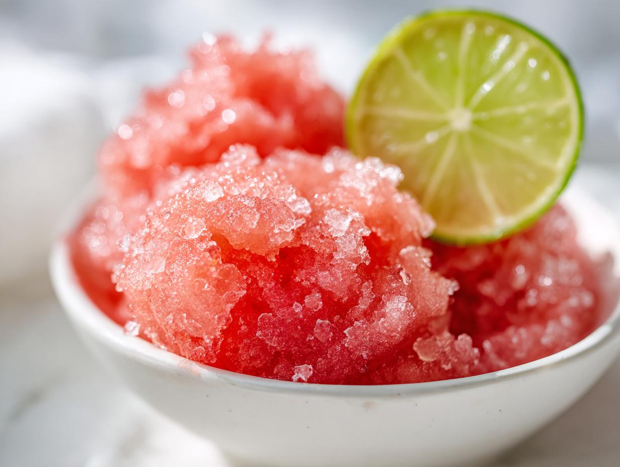 A bowl of refreshing watermelon sorbet topped with a slice of lime.