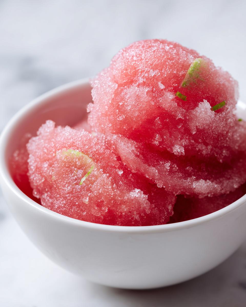 Close-up of refreshing watermelon sorbet in a white bowl, garnished with lime zest.