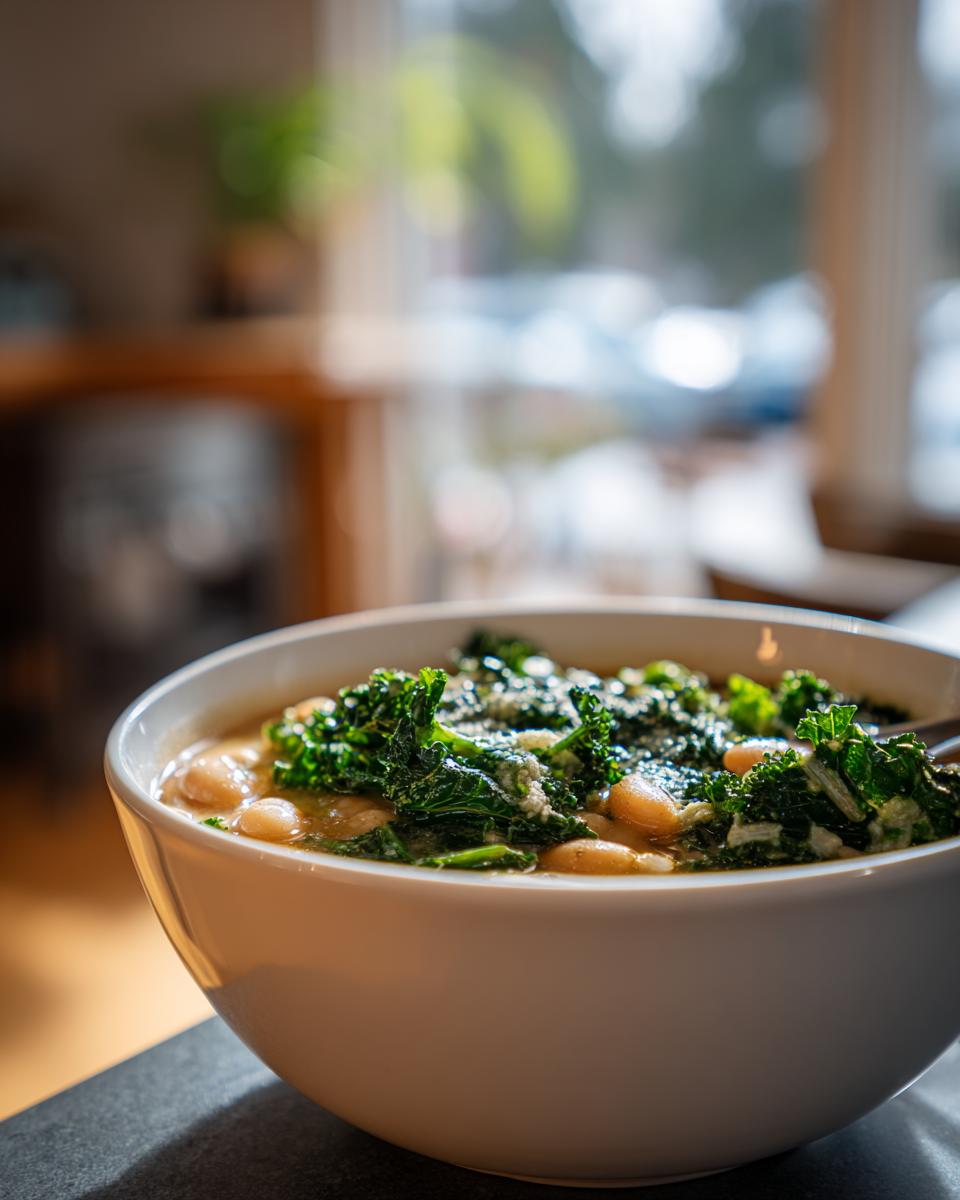 A close-up of a white bowl filled with hearty white bean kale soup, garnished with fresh kale.