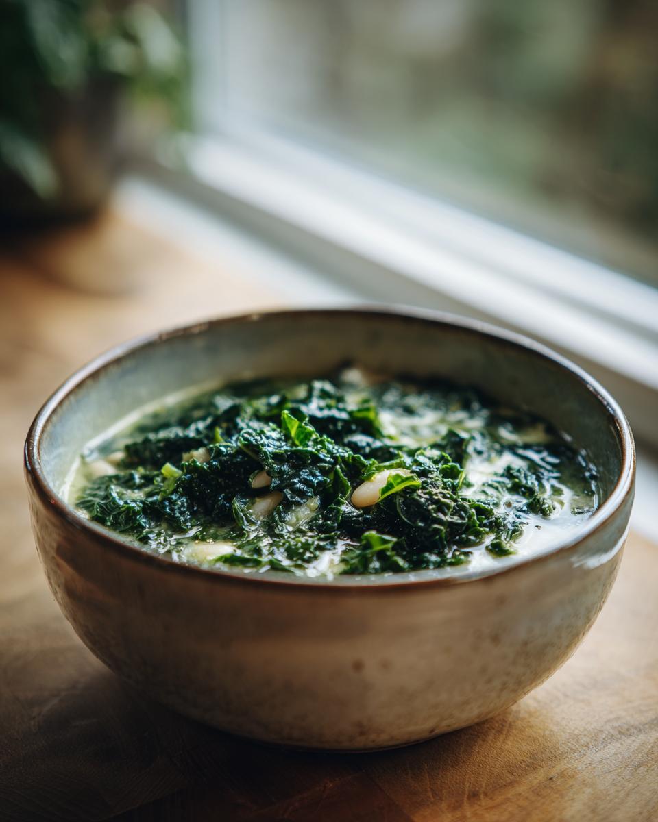 A rustic bowl filled with hearty white bean kale soup, showcasing vibrant green kale and creamy broth.