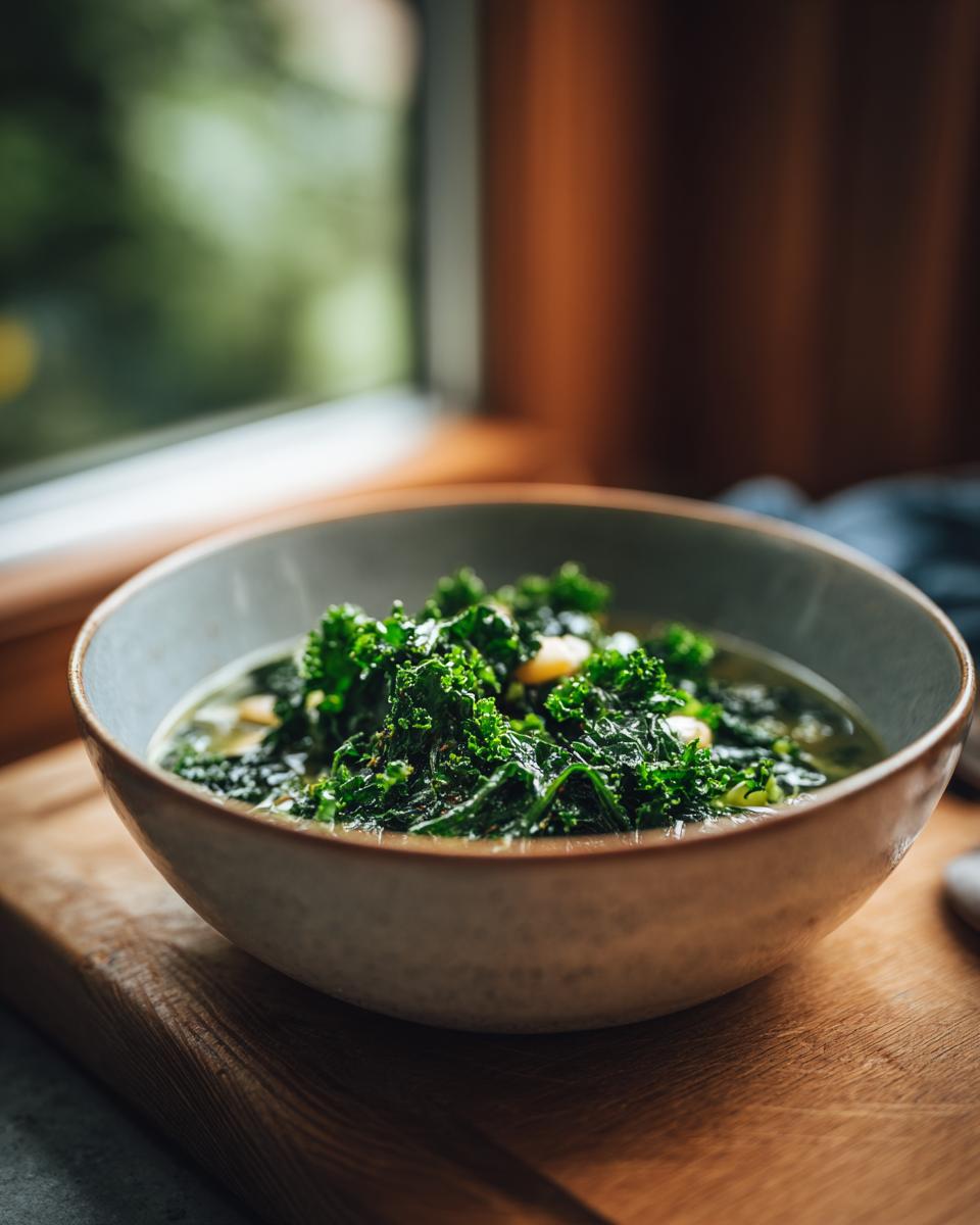 A steaming bowl of white bean kale soup, showcasing vibrant green kale and tender white beans.
